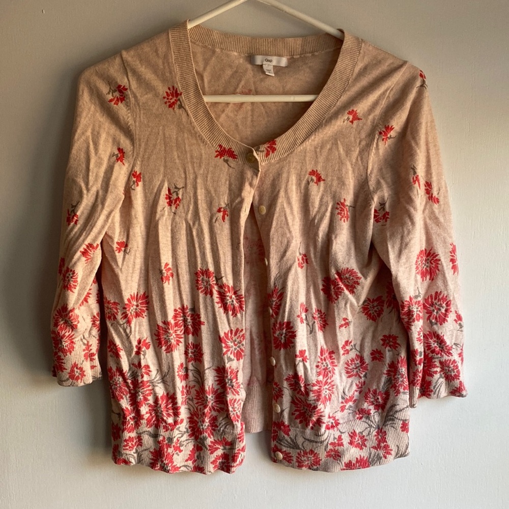 Gap, M, cream/pink floral cardigan